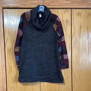 Plaid Sleeve Cowl Neck Sweater